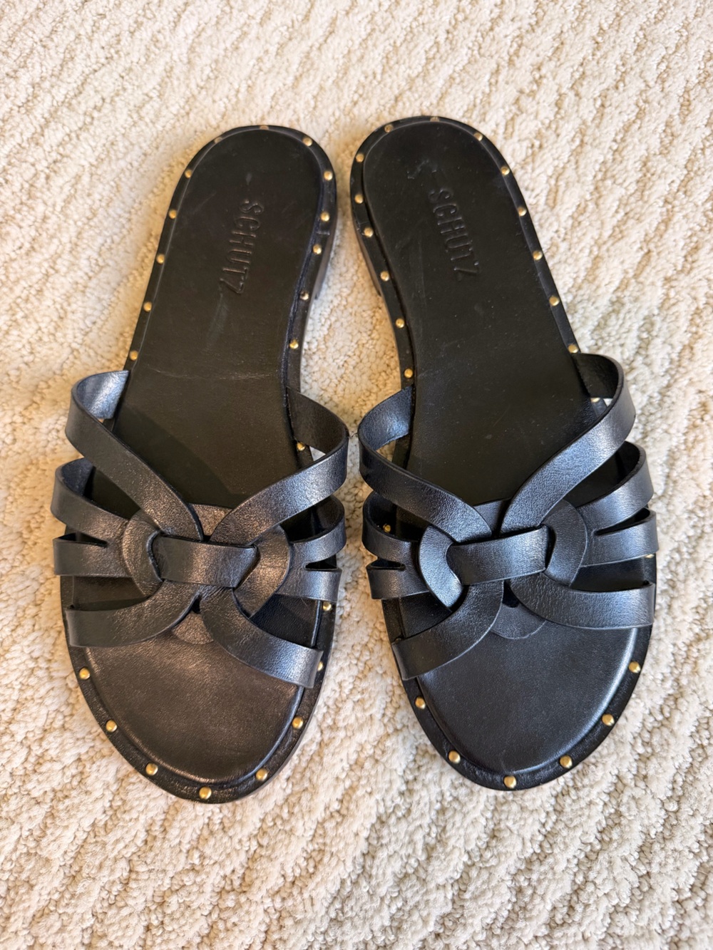 SCHUTZ Black Leather Knotted Slide Sandals with Stud Trim Size 8.5